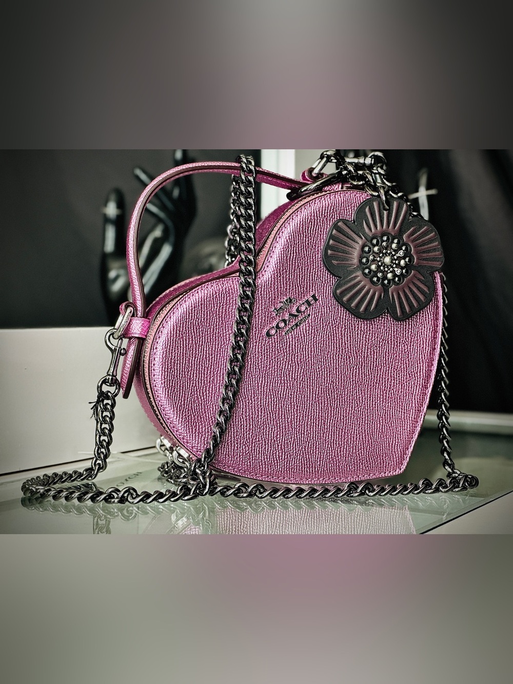 Coach Metallic Pink Heart Crossbody with Flower Charm and Gunmetal Chain